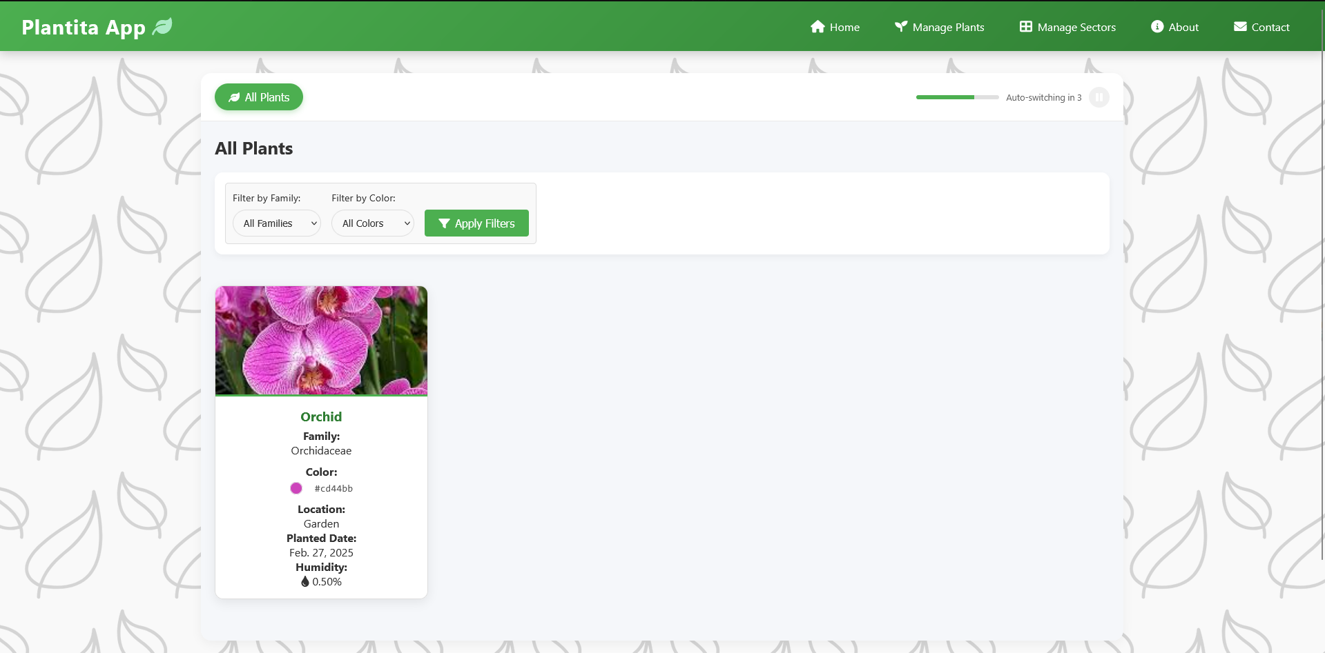 Interactive dashboard showing plant cards with humidity status